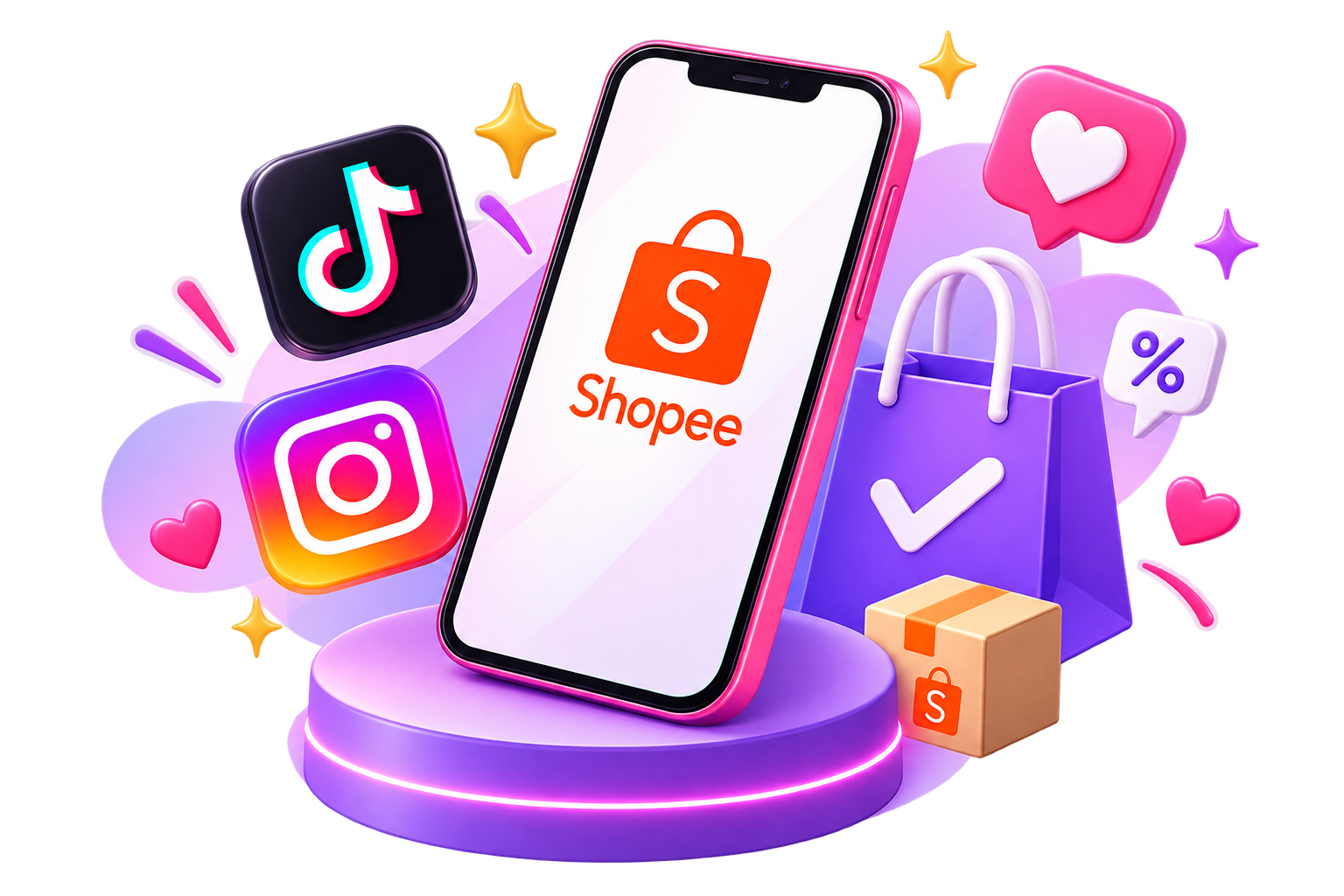 Ilustração da plataforma DicaJusta com Shopee, TikTok e Instagram