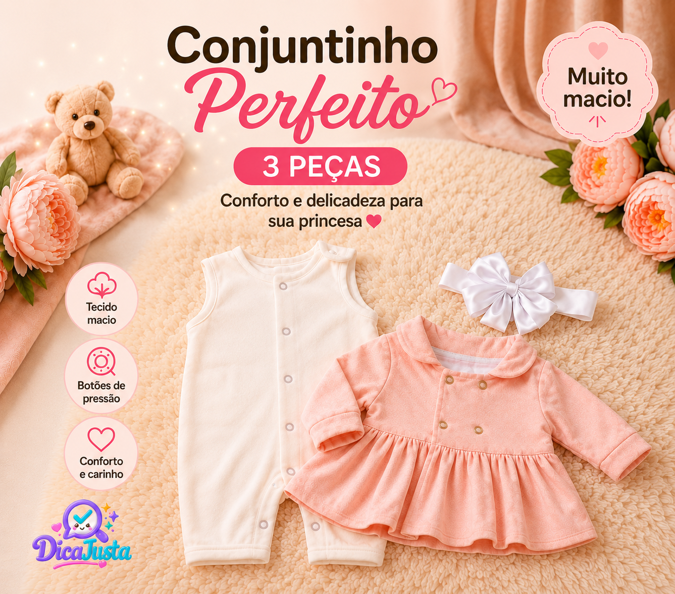Macacão bebê menina com casaco manga longa Eloá Rosê, conjunto com 3 peças